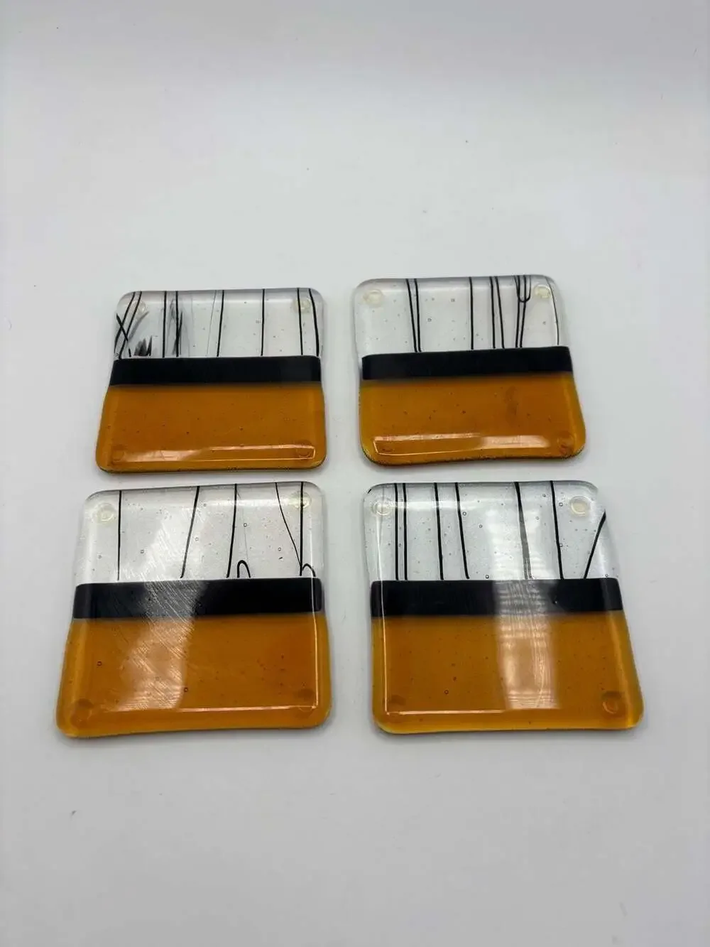 Set of 4 Handcrafted Fused Art Glass Coasters with Birch Tree Motif in Amber and